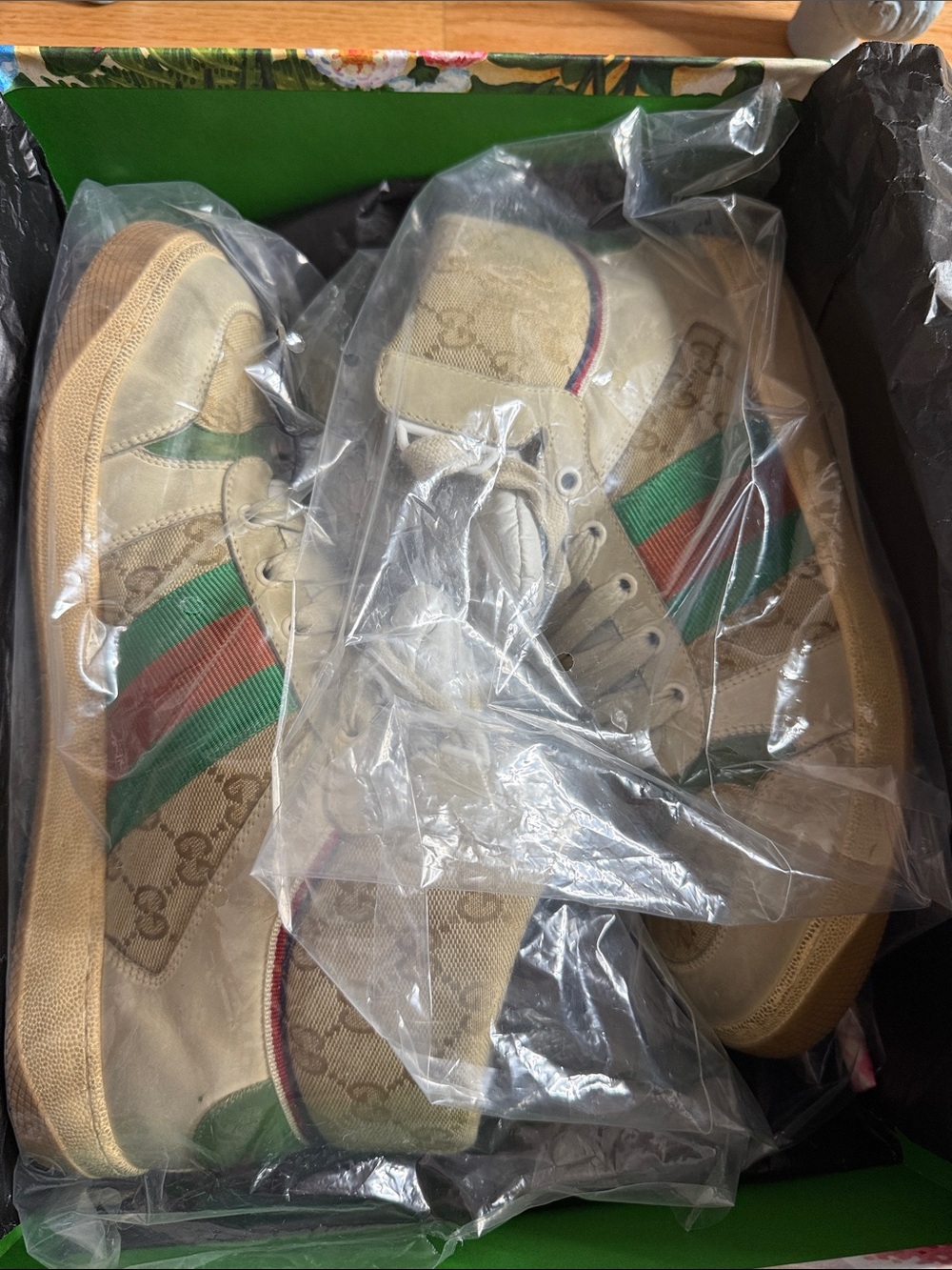 Gucci Beige Canvas High-Top Sneakers with Green & Red Web Stripe
